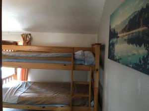 2 Etagenbetten in einem Zimmer mit Gemälde in der Unterkunft Pantyrathro International Hostel in Carmarthen