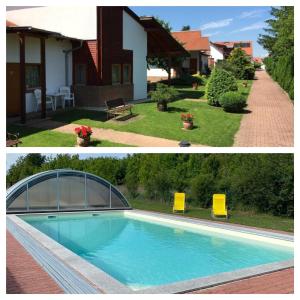 dos fotos de una casa y una piscina en Sol Panzió, en Bük