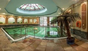 a swimming pool in a building with a stained glass window at Häcker's Fürstenhof in Bad Bertrich