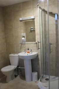 La salle de bains est pourvue de toilettes, d'un lavabo et d'une douche. dans l'établissement Fairhaven Country Guest House, à Goathland