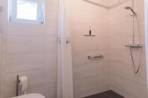 baño con ducha, aseo y ventana en Born - Wieck DAT SCHWEDENHUS EG-Whg. WI-4.1, en Wieck 14 fotos más
