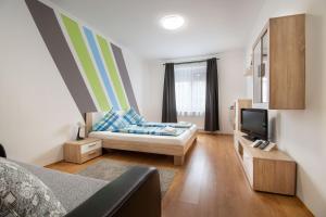 ein Wohnzimmer mit einem Sofa und einem TV in der Unterkunft Lux Apartmanok in Hajdúszoboszló
