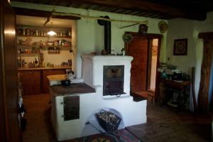 Chalupa Na Košáře في Valašská Senice: مطبخ مع موقد قديم في الغرفة