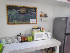 - une cuisine avec un comptoir et un four micro-ondes dans l'établissement Casa del Solar Centro Cozumel - Wifi gratuito Fibra Óptica 200 Mbps, à Cozumel