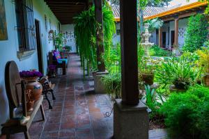 an outdoor walkway with plants and a table and chairs at Hotel Las Marias in Antigua Guatemala