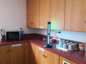 a kitchen with a red counter top with a microwave at Oxford Queenette Backpackers in Oxford