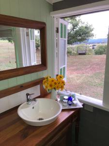 a bathroom sink with a vase of flowers and a window at Dayboro - Blue Ridge Lavender Cottage in Dayboro