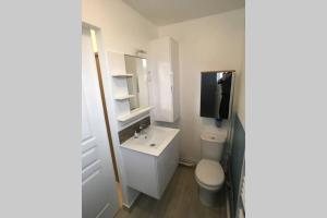 a bathroom with a sink and a toilet and a television at Chartres Coeur de Ville, beau 2 pièces chaleureux et lumineux,Parking et Wifi ! in Chartres