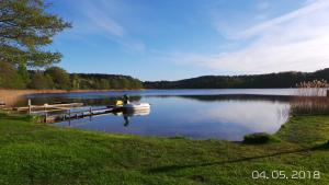 a man in a boat at a dock on a lake at Iza-pokoje do wynajecia in Wisełka