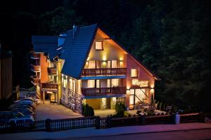 a large building with a blue roof at night at KRISTINA Willa & Spa in Szklarska Poręba