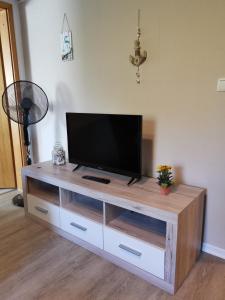 a flat screen tv sitting on top of a wooden entertainment center at Susan's ole Schoolhus in Fehmarn