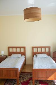 sypialnia z 2 łóżkami i lampką w obiekcie Willa Na Nehringa w Poznaniu