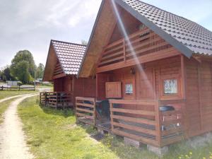 a large wooden cabin with a pitched roof at Wakacyjne domki in Solina