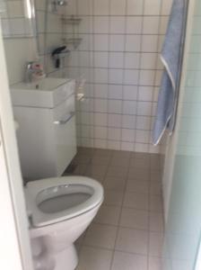 a bathroom with a white toilet and a sink at Klosterpensionen in Viborg