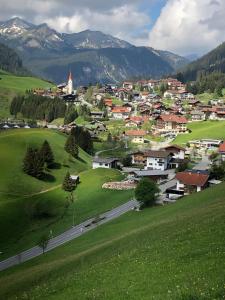 una pequeña ciudad en un campo verde con montañas en Gästehaus Baldauf, en Berwang