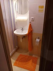 a small bathroom with a sink and a mirror at Pod Smrcinou in Nová Pec