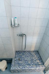 a bathroom with a shower with a blue and white tile floor at Mary's Studio Kavala in Kavala