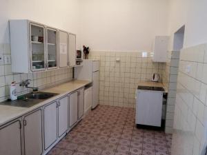 uma pequena cozinha com armários brancos e um lavatório em Hostel Kašperské Hory em Kašperské Hory
