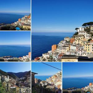 een collage van foto's van een stad en de oceaan bij Camera romantica nel carugio in Riomaggiore
