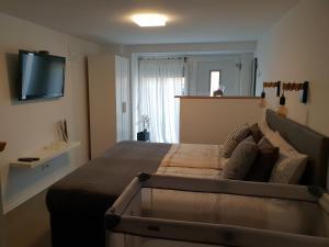 a bedroom with a large bed and a flat screen tv at La vita urbana in Koper