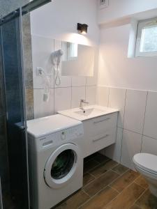 a washing machine in a bathroom with a sink at Leśniczówka Kalina in Wetlina +76 photos