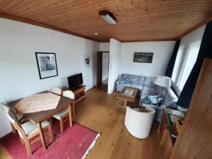 ein Wohnzimmer mit einem Sofa und einem Tisch in der Unterkunft Appartements Amrusch in Sankt Jakob im Rosental
