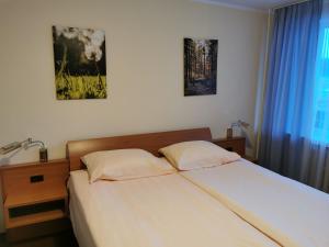 1 cama en un dormitorio con 2 almohadas en Ośrodek Natura, en Pokrzywna