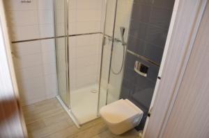 a bathroom with a shower and a toilet at Czarna Góra Haven in Sienna +27 photos