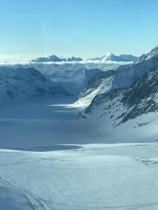 vistas a una cordillera nevada con un lago en Chalet Burglauenen Grindelwald, en Grindelwald