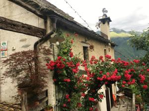 un edificio con flores rojas a un lado. en B&B La Quana, en Domodossola