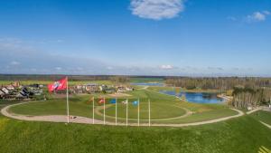 an aerial view of a golf course with flags and a river at Baltas gandras in Naisiai