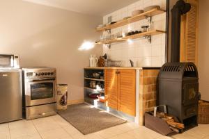 a kitchen with a stove and a refrigerator at Domek Malarza Matarnia in Gdańsk