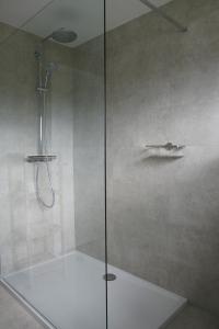 a shower with a glass door in a bathroom at Vakantiewoning Hoge Zavel in Brakel