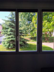uma janela com três vistas de um quintal em ZEN T1, 500m centre, proche gare, tout confort em Châlons-en-Champagne