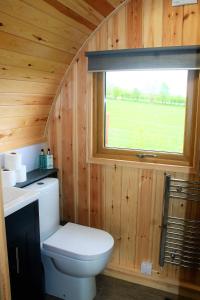 a small bathroom with a toilet and a window at Cairnfold Cabins in Kilsyth