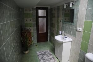 a green tiled bathroom with a sink and a mirror at Apartmá v pivovaru Genius noci in Lomnice