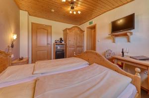 a bedroom with a bed and a desk and a television at Pension Leithenwald in Zwiesel