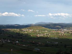 una vista de una pequeña ciudad en un campo verde en Posada Las Torres, en Yuso