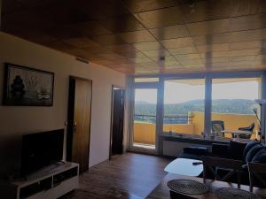 a living room with a couch and a television and a balcony at Jasmin in Hohegeiß