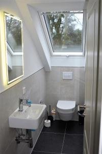 a bathroom with a sink and a toilet with a skylight at Heykens Golfhuus Eagle in Wiesmoor +15 photos