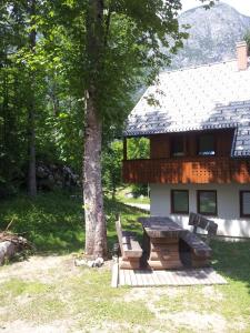 una mesa de picnic junto a un árbol delante de una casa en Apartments Lake Bohinj, en Bohinj