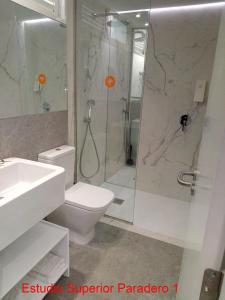 a bathroom with a shower and a toilet and a sink at Paraiso del Sol y Paradero in Playa de las Americas