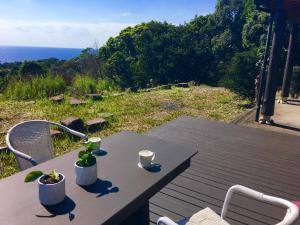 einen Tisch mit zwei Tassen und Pflanzen darüber in der Unterkunft 屋久島シエスタYakushima Entire house with a wonderful view in Yakushima