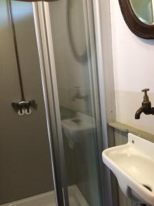 W łazience znajduje się prysznic i umywalka. w obiekcie Gipsy wagon near Amsterdam and beach w mieście Velserbroek 