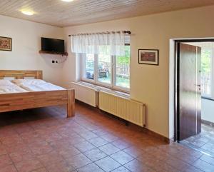 Schlafzimmer mit einem Bett, einem TV und einem Fenster in der Unterkunft Apartmán U Brabců in Prachatice