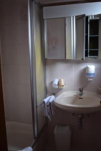 La salle de bains est pourvue d'un lavabo, d'un miroir et d'une douche. dans l'établissement Bergsteiger-Zimmer Pension Obermair, à Mayrhofen