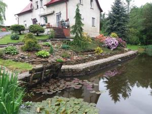 uma casa e um lago com flores e plantas em Izerski Poranek em Gryfów Slaski
