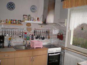 cocina con fregadero y fogones en Ferienwohnung mit Terrassen für 1-4 Personen en Altena