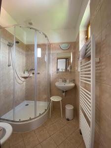 
a bathroom with a shower, sink, and toilet at Pension Ferda in Český Krumlov
