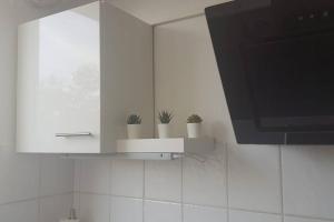 a kitchen with a tv and potted plants on a shelf at 1 A Ferienwohnung Modern Duisburg in Duisburg +10 photos